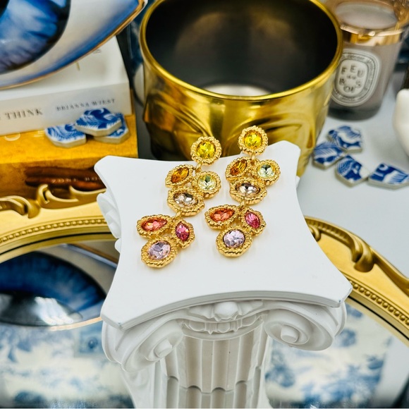 🆕 OSCAR DE LA RENTA 🧿 NWOT Lintzer Embellished Drop Earrings - Pastel Gemstone - Picture 8 of 14